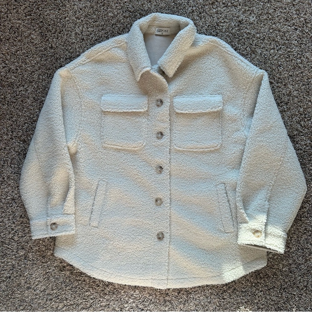 The Post Women’s Cozy Fleece Faux Suede Lined Shacket Size Large Beige W/Pockets